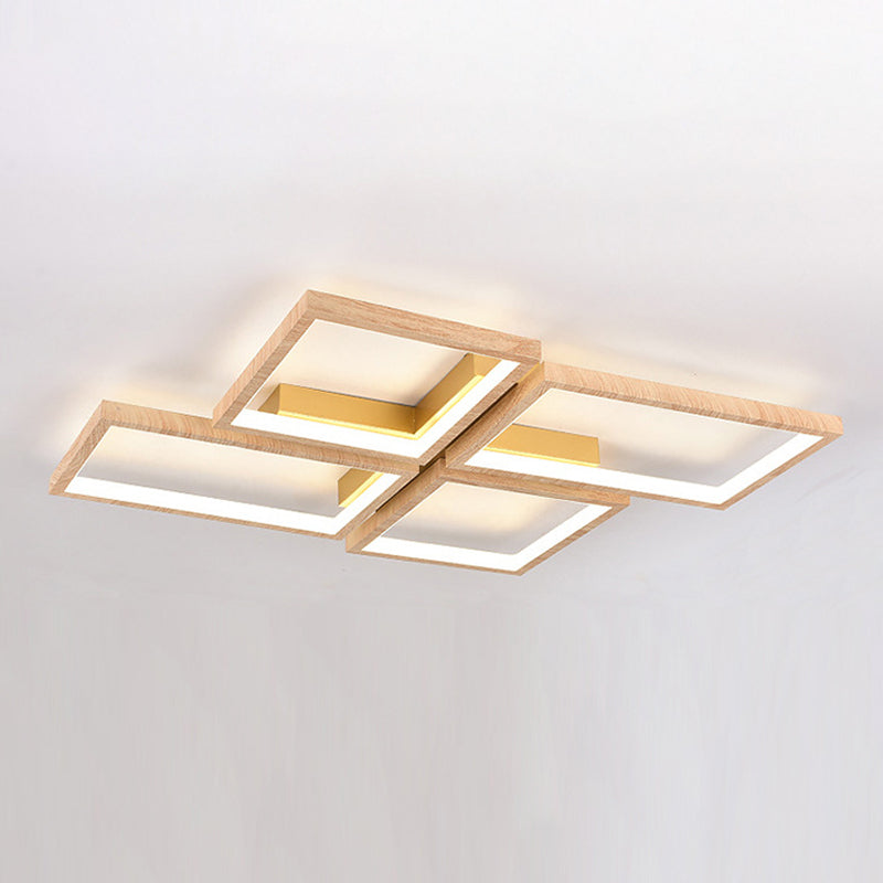 Modern Style Square Shape Flush Mount 4-Lights Wood Ceiling Light for Living Room