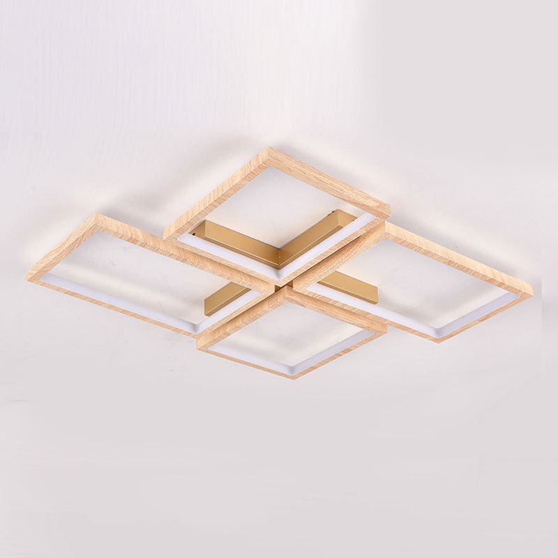 Modern Style Square Shape Flush Mount 4-Lights Wood Ceiling Light for Living Room