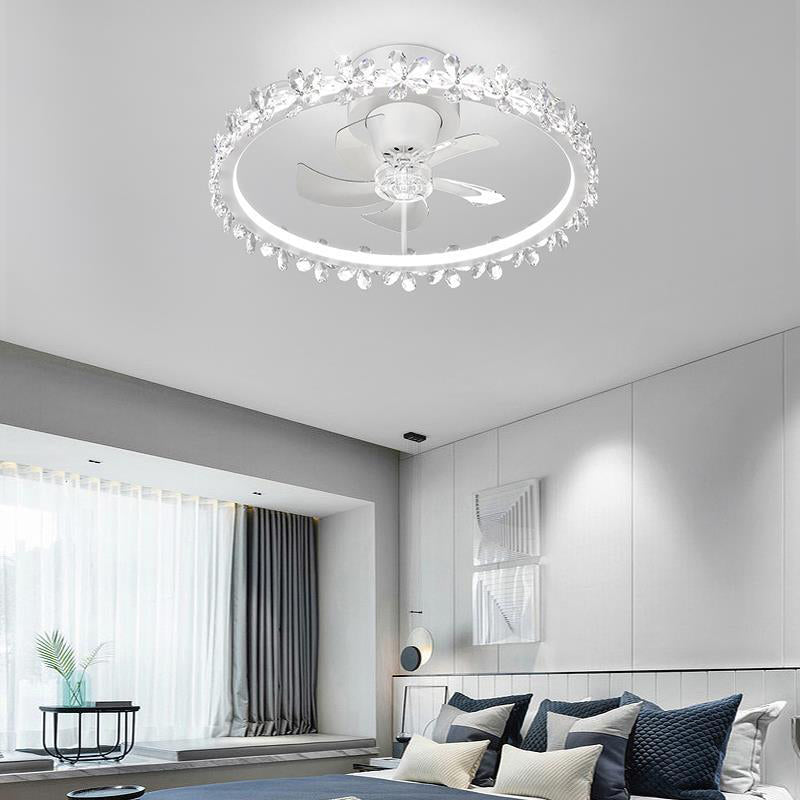 LED Linear Ceiling Fan Light in White & Gold Finish Modern Fan Fixture with Flower Accent