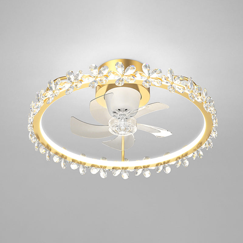 LED Linear Ceiling Fan Light in White & Gold Finish Modern Fan Fixture with Flower Accent