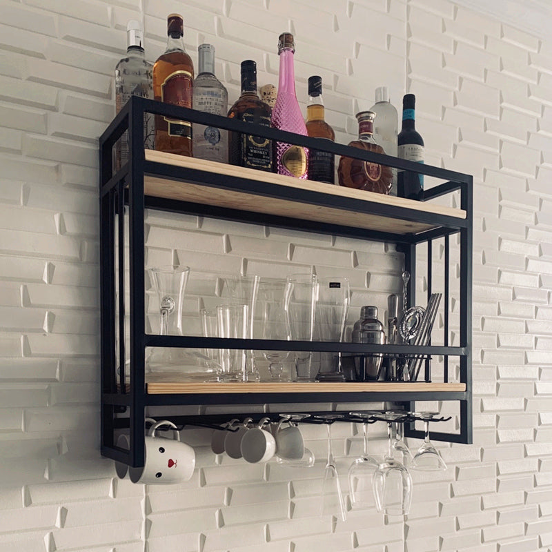 Modern Wall Mounted Wine Racks Metal Wine Jail With Glass Holder & Storage Shelf