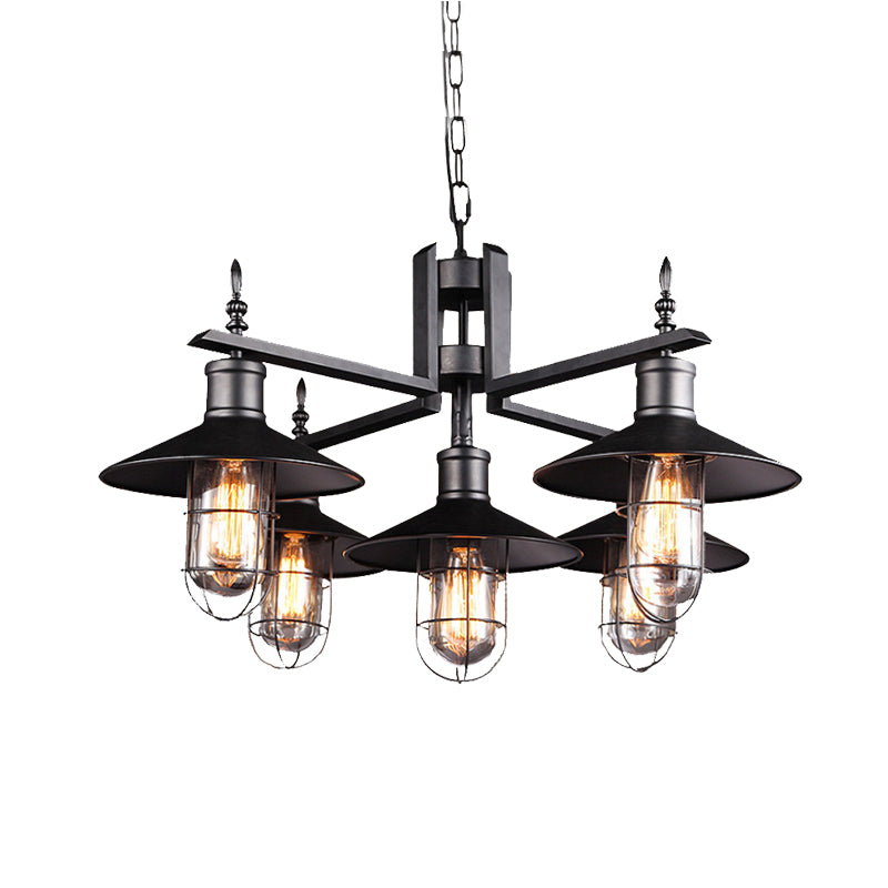 Antiqued Wide Flared Pendant Chandelier Metal 6 Heads Caged Drop Light in Black with Clear Glass Shade