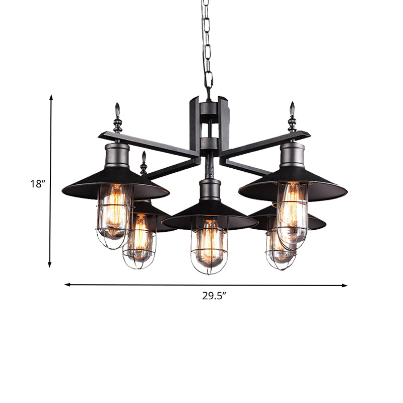 Antiquiertes breites Flared Anhänger Kronleuchter Metall 6 Köpfe CAGED PROP -Licht in Schwarz mit klarem Glasschatten