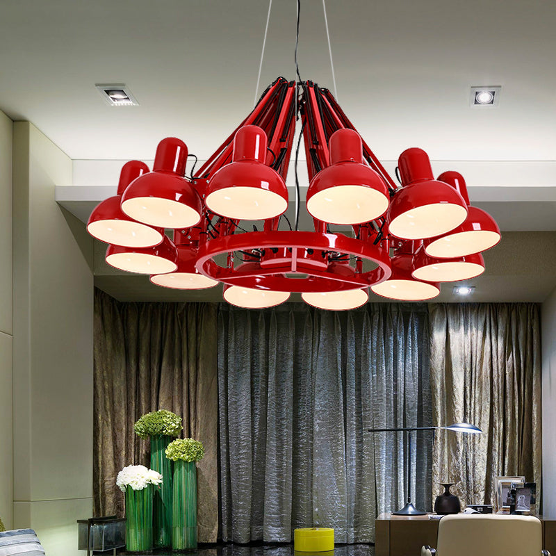 Black/Red 12 Bulbs Hanging Lighting Industrial Metal Swing Arm Chandelier Lamp with Dome Shade for Living Room