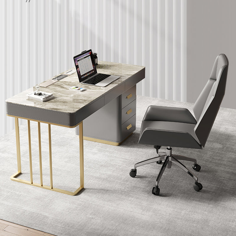 Grey Drawers Writing Desk Glam Stainless Steel and Stone Office Desk Rectangular