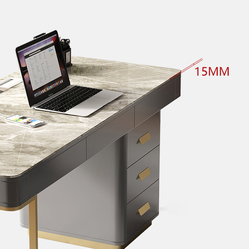 Grey Drawers Writing Desk Glam Stainless Steel and Stone Office Desk Rectangular