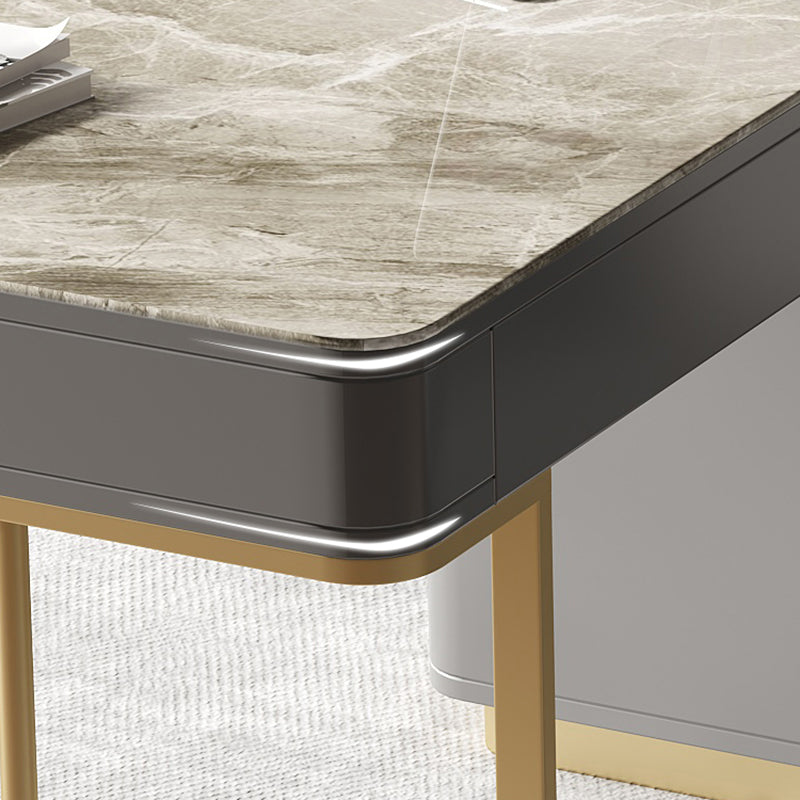 Grey Drawers Writing Desk Glam Stainless Steel and Stone Office Desk Rectangular