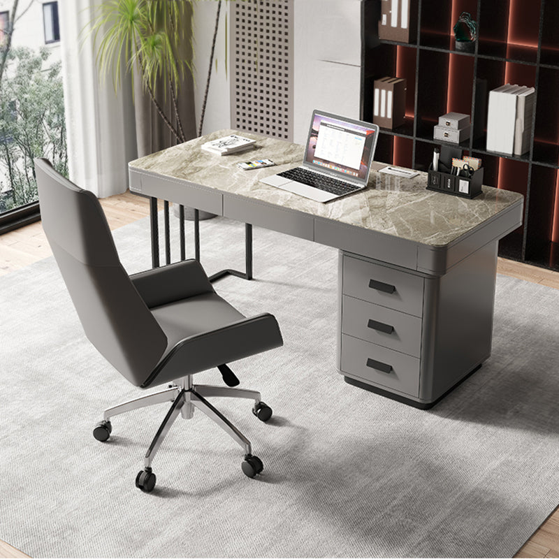 Grey Drawers Writing Desk Glam Stainless Steel and Stone Office Desk Rectangular