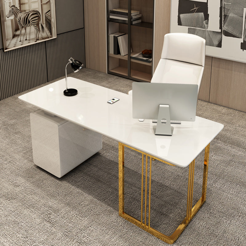 Rectangular Glam Writing Desk with File Cabinet Office Desk Artificial Wood