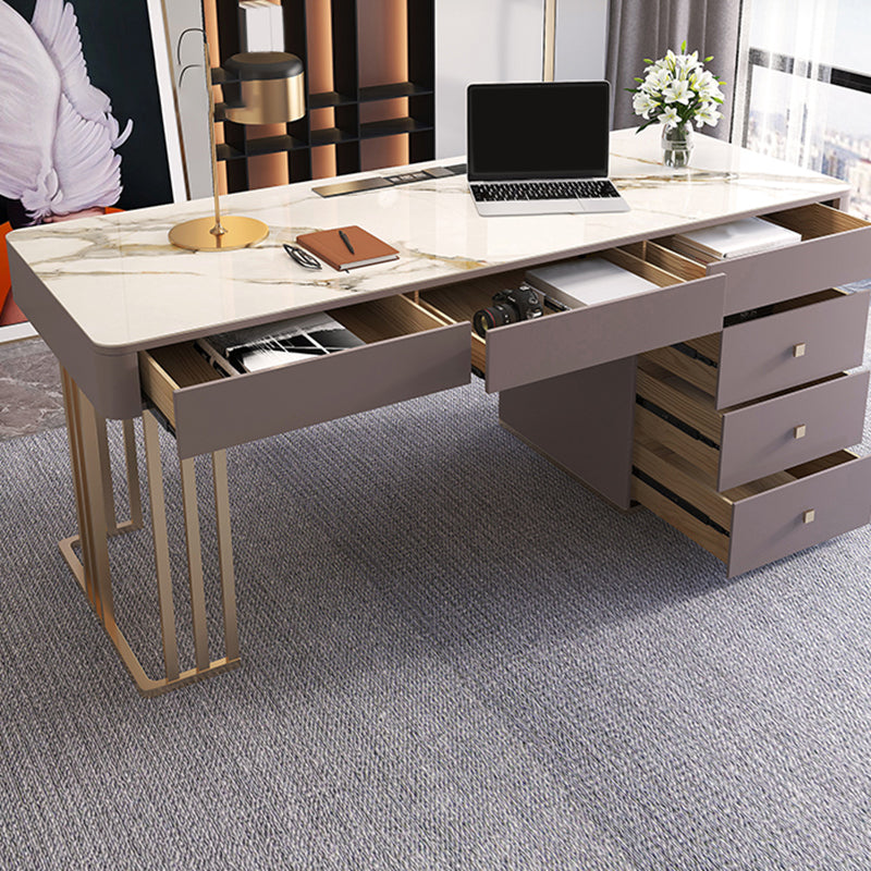 Rectangular Pewter Office Desk Glam Built in Outlets Writing Desk with Drawers