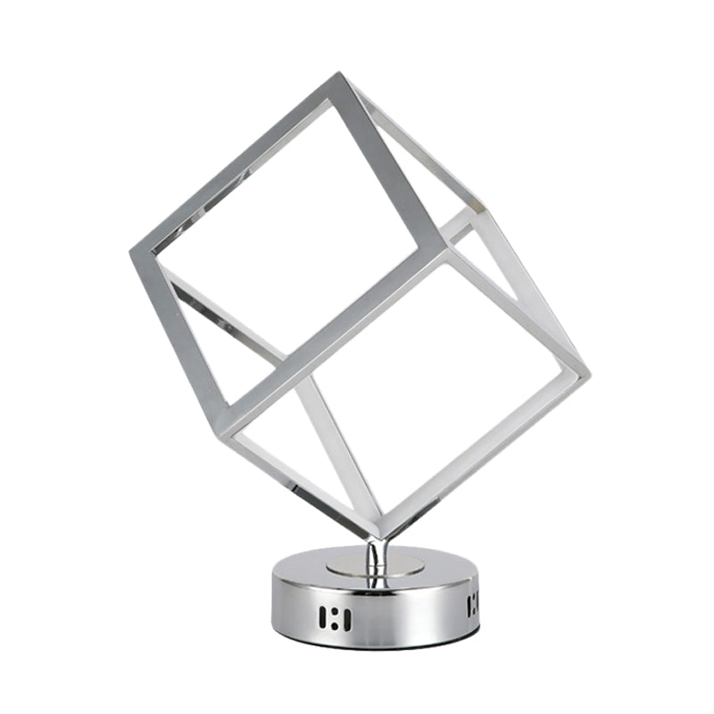 Cubic Frame Table Lighting Minimalist Metal LED Bedside Nightstand Lamp in Chrome with Round Base