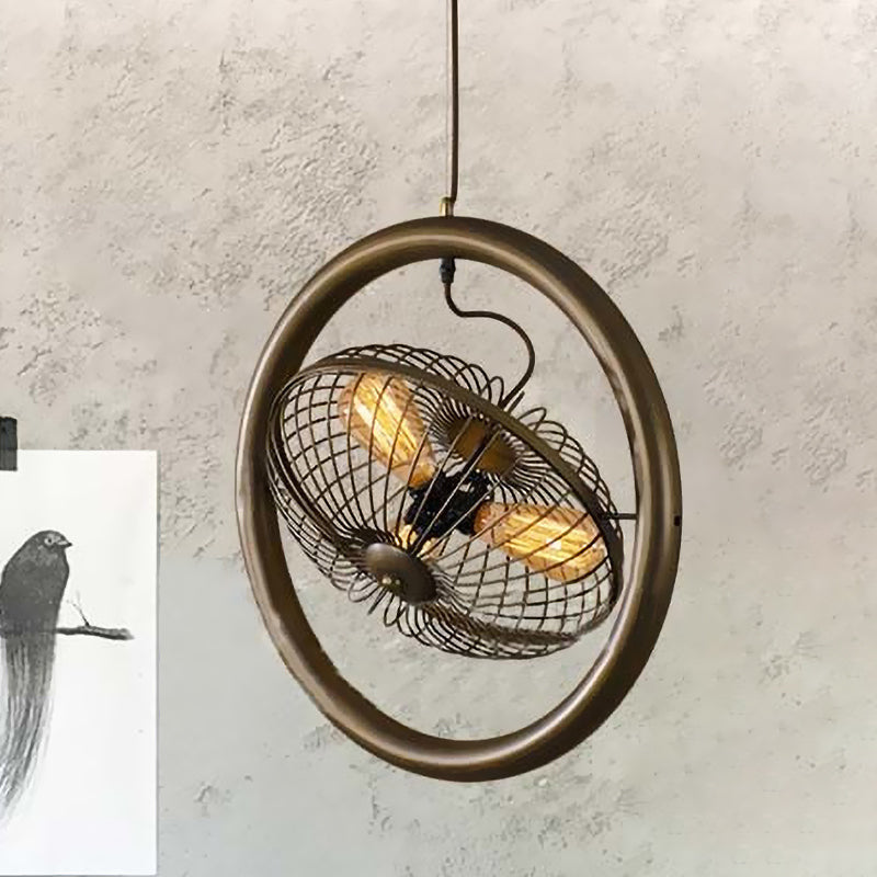 Brass/Black Finish Circle Cage Light Fixture Farmhouse Metal 3 Lights Kitchen Hanging Lamp with Fan Design