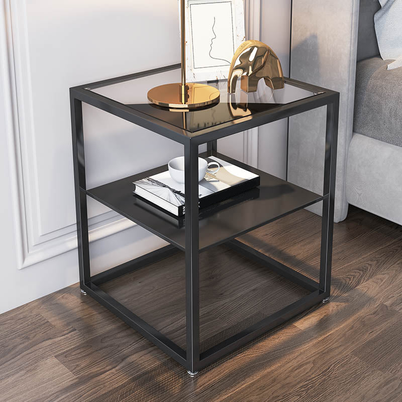 Industrial Open Storage Bed Nightstand Glass and Iron Night Table with Shelves