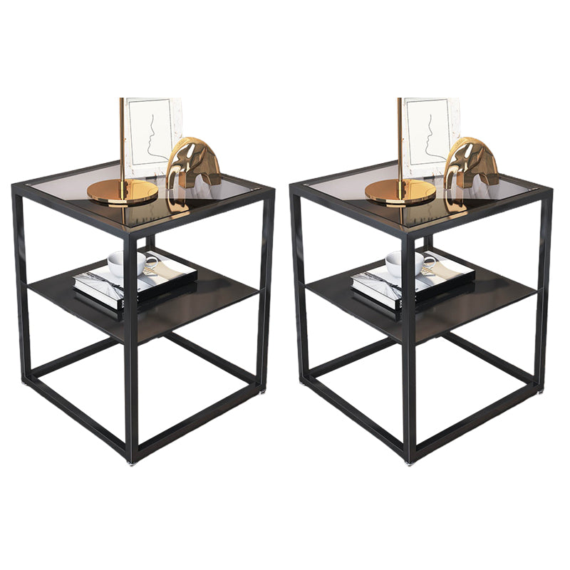 Industrial Open Storage Bed Nightstand Glass and Iron Night Table with Shelves