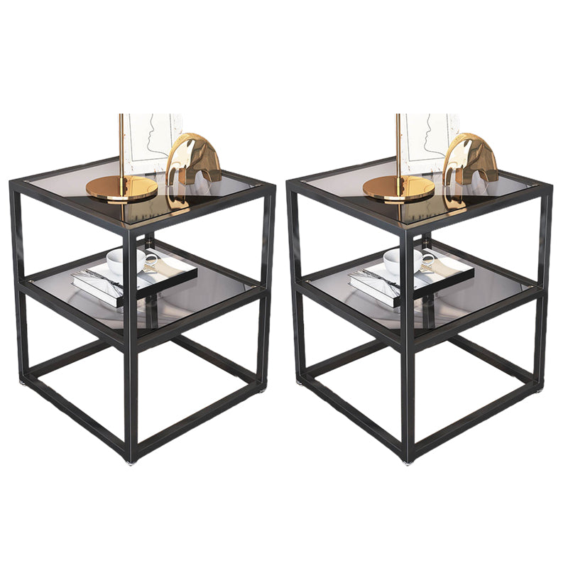 Industrial Open Storage Bed Nightstand Glass and Iron Night Table with Shelves