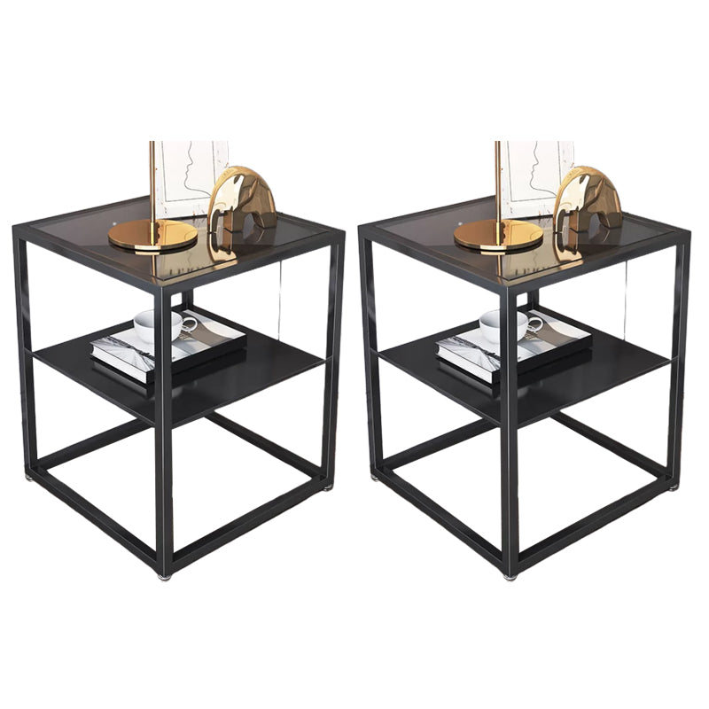 Industrial Open Storage Bed Nightstand Glass and Iron Night Table with Shelves