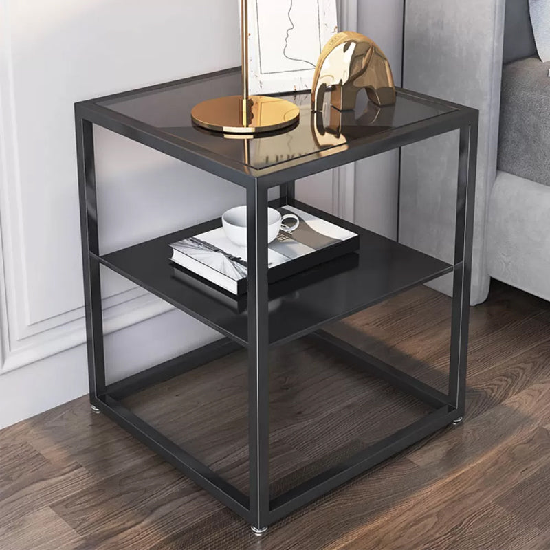 Industrial Open Storage Bed Nightstand Glass and Iron Night Table with Shelves