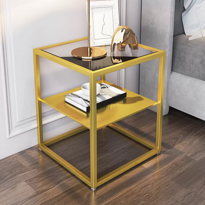 Industrial Open Storage Bed Nightstand Glass and Iron Night Table with Shelves