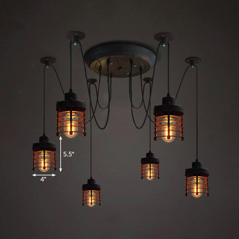 6 Light Iron Ceiling Lighting Farmhouse Style Black Cylinder Cage Shade Bedroom Hanging Light Fixture with Spider Design