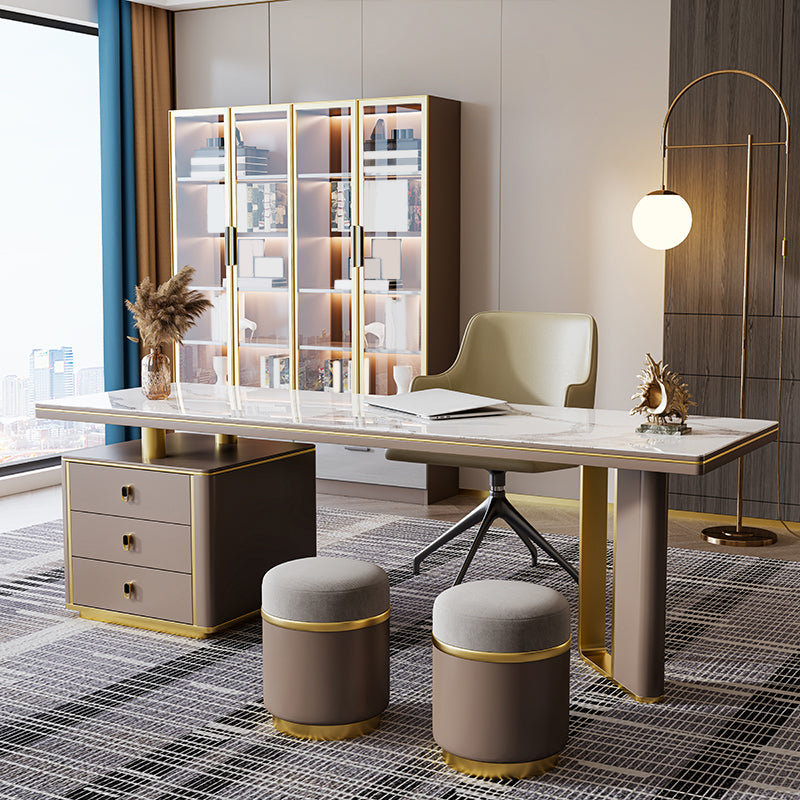 Pedestal Glam Office Desk Slate Writing Desk with File Cabinet for Office