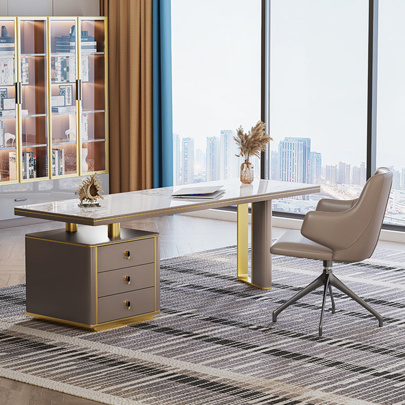 Pedestal Glam Office Desk Slate Writing Desk with File Cabinet for Office