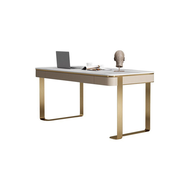 White and Gold Writing Desk Glam Curved Office Desk with Drawers