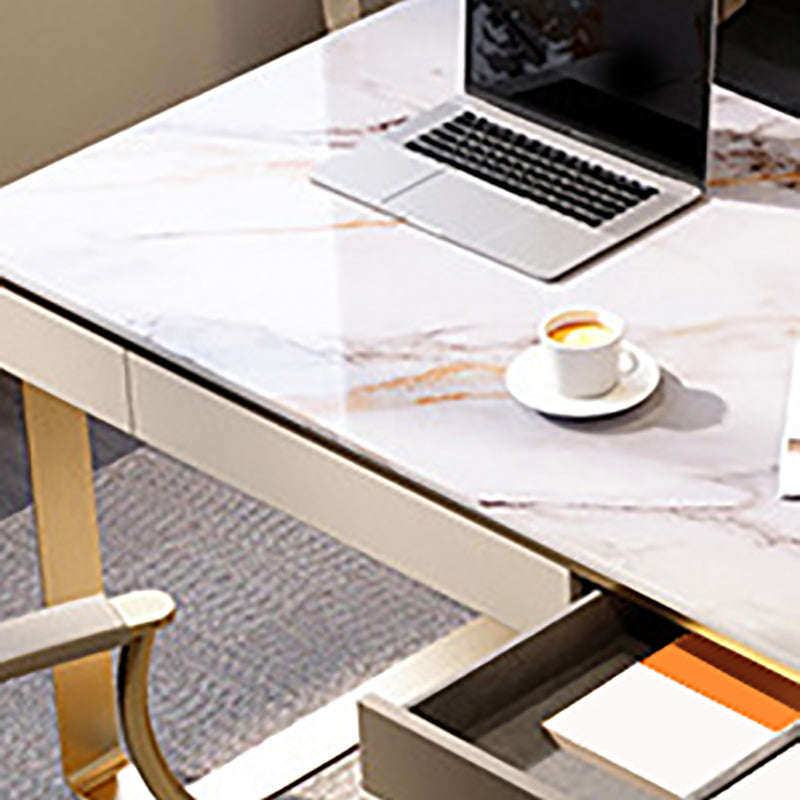 White and Gold Writing Desk Glam Curved Office Desk with Drawers