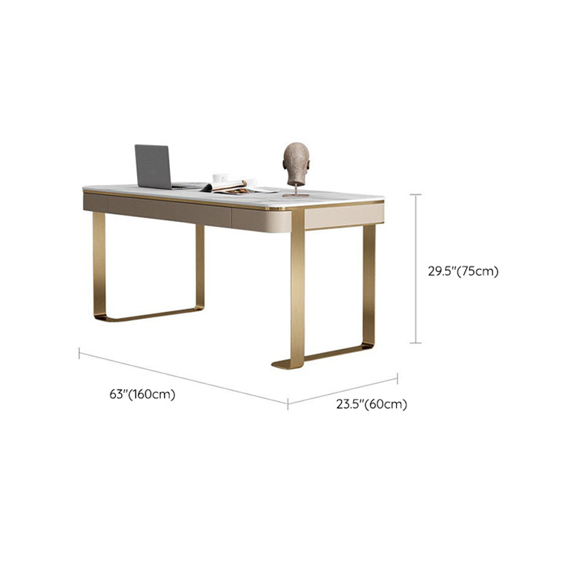 White and Gold Writing Desk Glam Curved Office Desk with Drawers