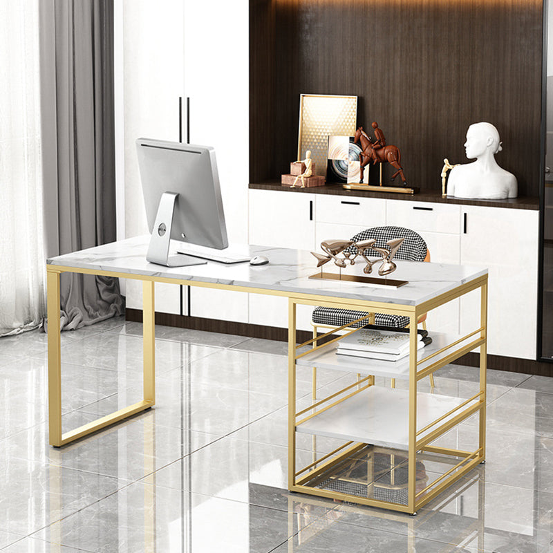 Rectangular Writing Desk White Office Desk Glam with Storage Shelves