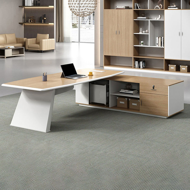 White and Natural Office Desk Modern Artificial Wood Executive Desk Locking Drawer