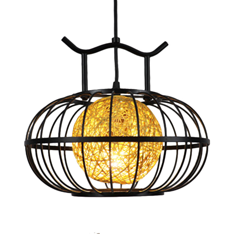 Metal Pumpkin Cage Hanging Pendant Light with Inner Rattan Ball Shade Asian Style 1 Light Suspension Lamp in Red/Yellow