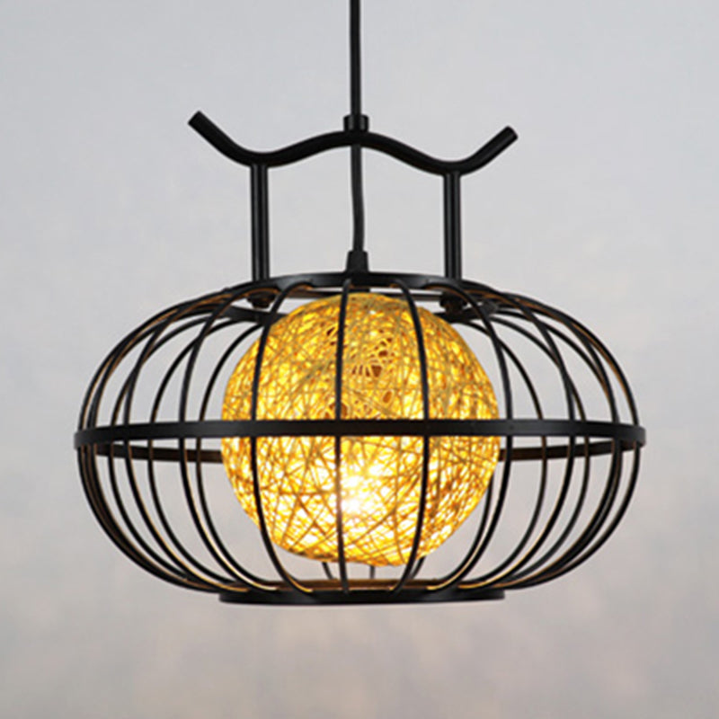 Metal Pumpkin Cage Hanging Pendant Light with Inner Rattan Ball Shade Asian Style 1 Light Suspension Lamp in Red/Yellow