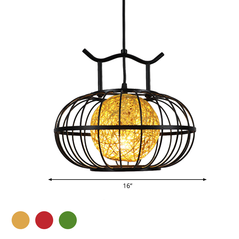 Metal Pumpkin Cage Hanging Pendant Light with Inner Rattan Ball Shade Asian Style 1 Light Suspension Lamp in Red/Yellow