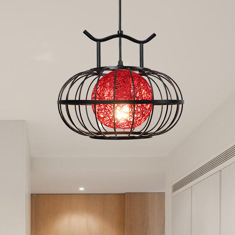 Cage de citrouille en métal suspendue suspendue avec une nuance de boule de rotin intérieure style asiatique 1 lampe de suspension légère en rouge / jaune