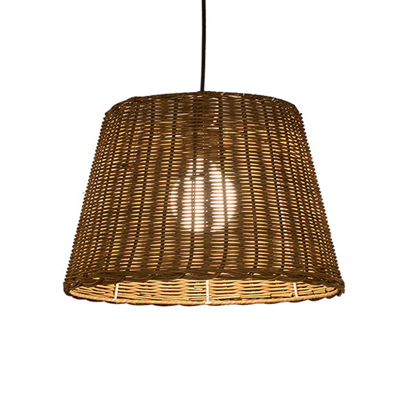 Bucket Shade Hanging Ceiling Light Asian Style Rattan 9.5"/13" Width 1 Light Pendant Lamp in Beige for Dining Room