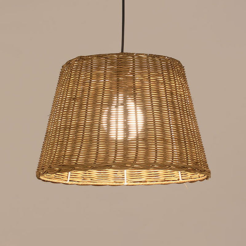 Bucket Shade Hanging Ceiling Light Asian Style Rattan 9.5"/13" Width 1 Light Pendant Lamp in Beige for Dining Room