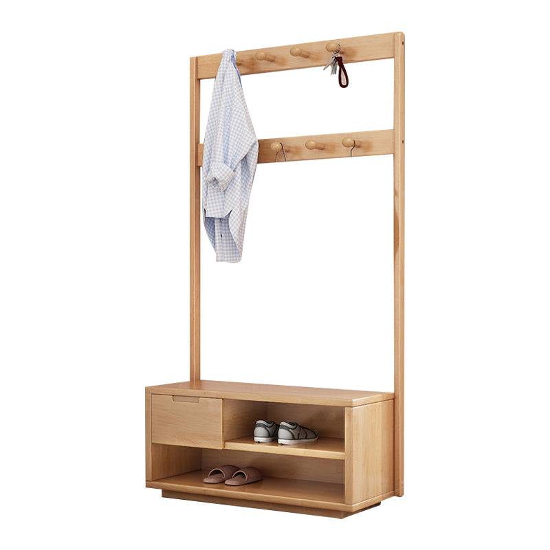 Contemporary Style Coat Hanger Hooks Design Solid Rubberwood Coat Rack with Drawer