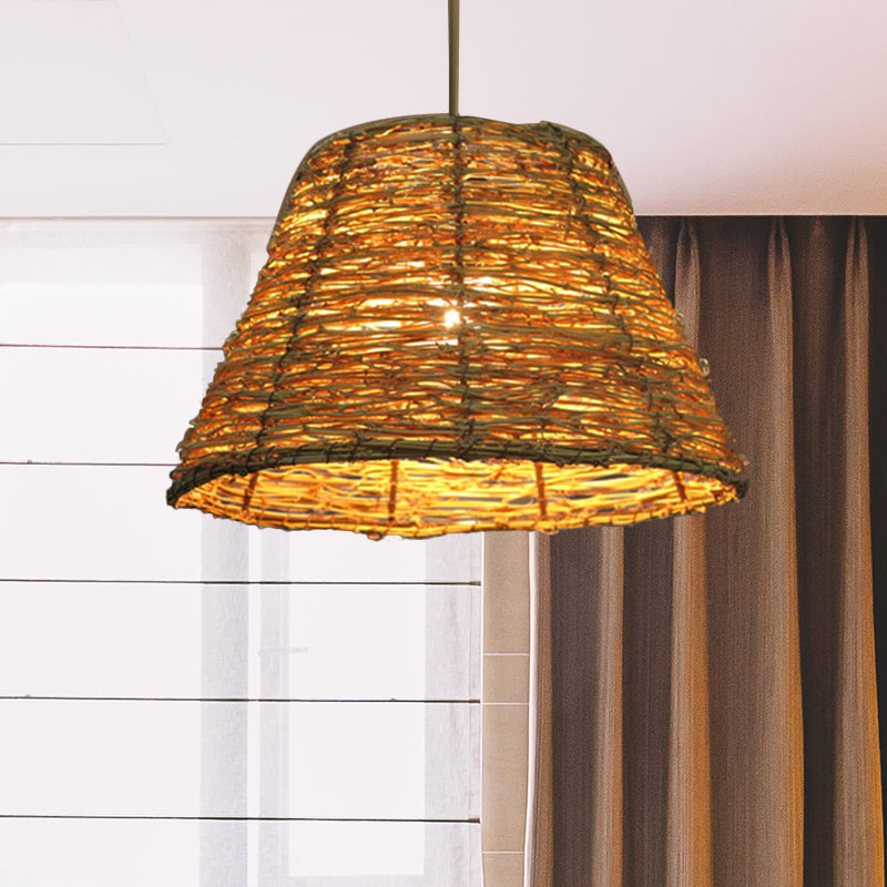 1 Bulb Restaurant Hanging Pendant Light with Conic Rattan Shade Asian Style Beige/Brown Ceiling Lighting