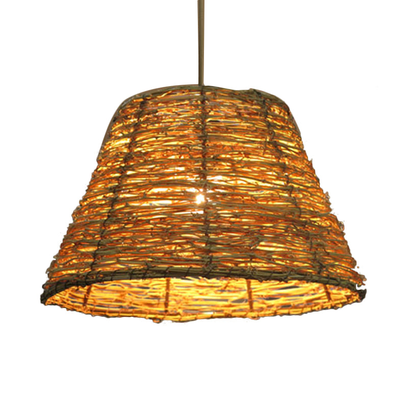 1 Bulb Restaurant Hanging Pendant Light with Conic Rattan Shade Asian Style Beige/Brown Ceiling Lighting