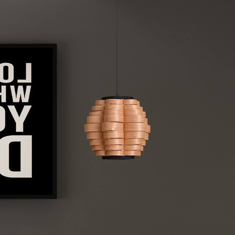 16"/19.5"/23.5" Wide Wood Barrel Shade Hanging Light Chinese Single Light Veneer Pendant Lamp for Dining Room