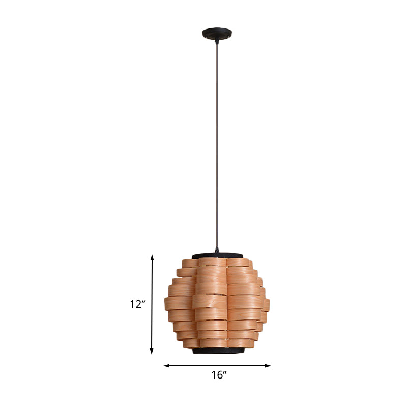 16"/19.5"/23.5" Wide Wood Barrel Shade Hanging Light Chinese Single Light Veneer Pendant Lamp for Dining Room