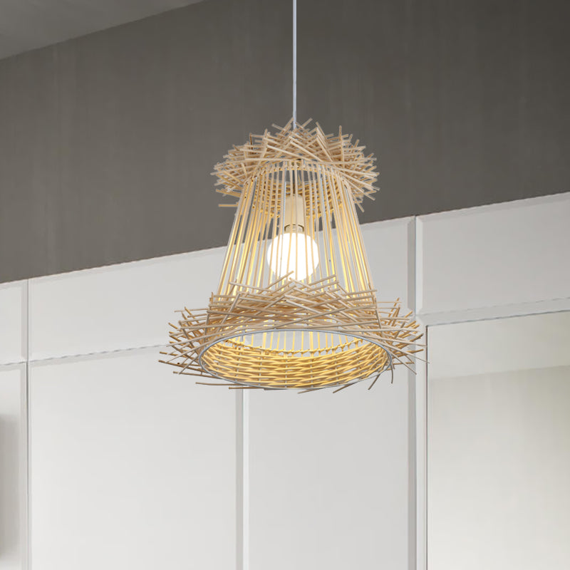 Rattan Cone Shade Ceiling Pendant Lamp Japanese One Light Wood Hanging Light for Dining Room