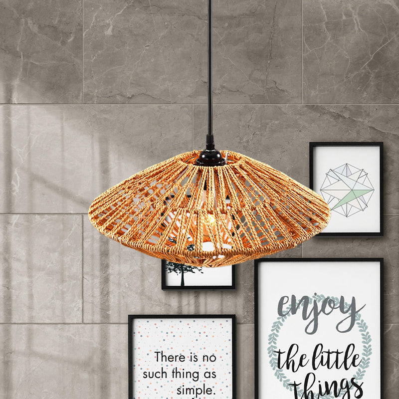 Asian Style Flying Saucer Hanging Light Fixture Rattan 1 Light Restaurant Pendant Lamp in Beige