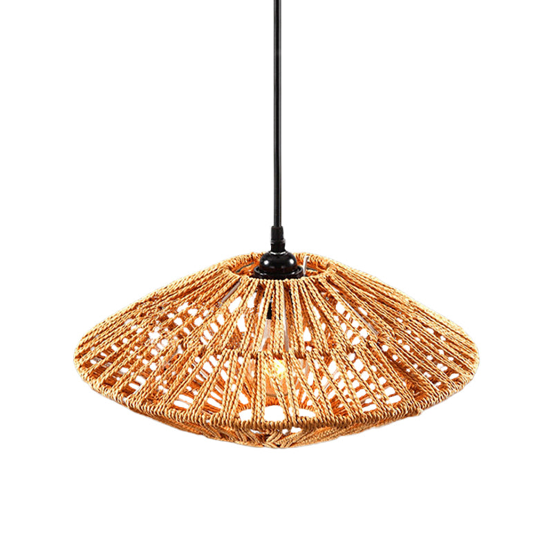 Asian Style Flying Saucer Hanging Light Fixture Rattan 1 Light Restaurant Pendant Lamp in Beige