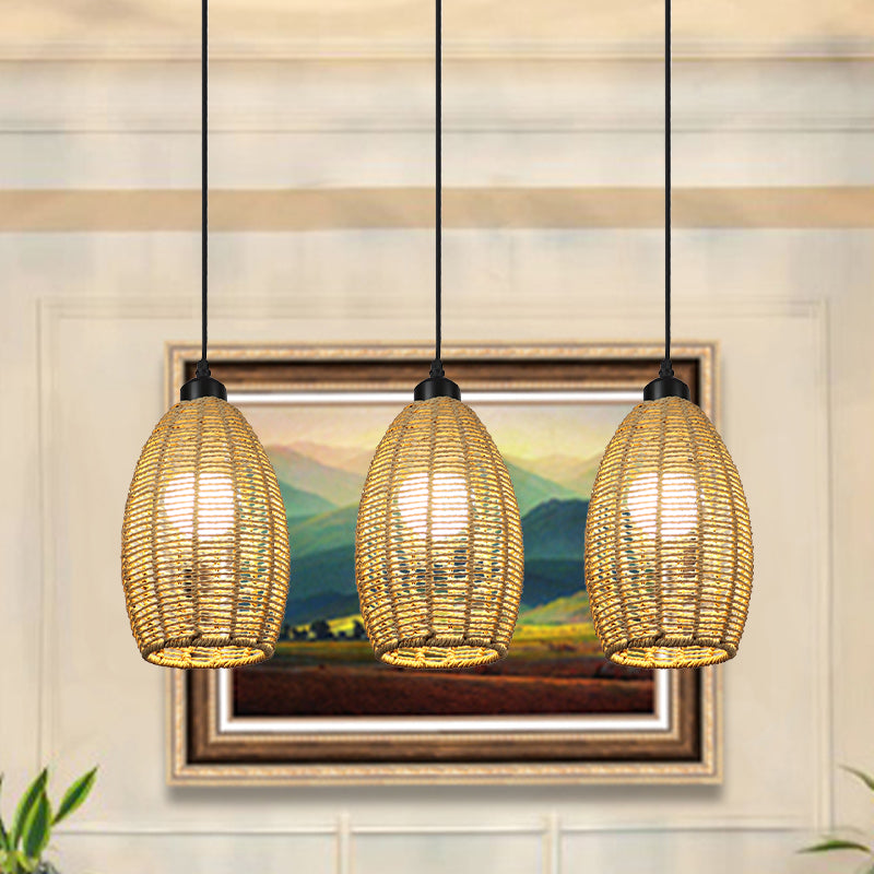 1/3-Light Restaurant Hanging Pendant Light with Oval Rattan Shade Asian Style Beige Ceiling Lamp, Round/Linear Canopy