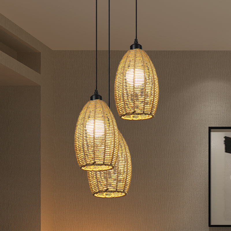 1/3-Light Restaurant Hanging Pendant Light with Oval Rattan Shade Asian Style Beige Ceiling Lamp, Round/Linear Canopy