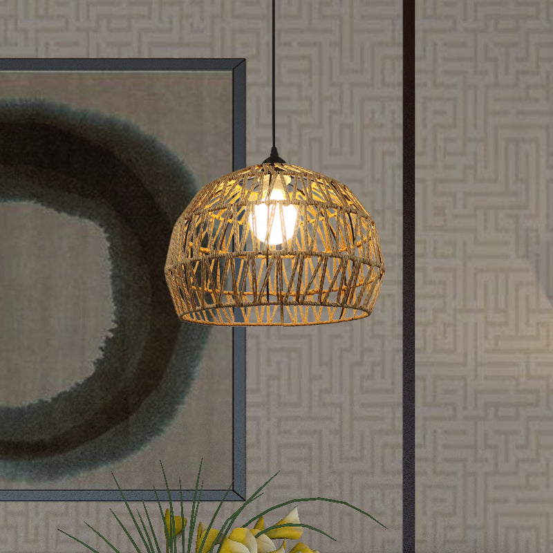 1/3-Bulb Corridor Hanging Light Fixture with Domed Rattan Shade Black/Beige Suspended Lamp