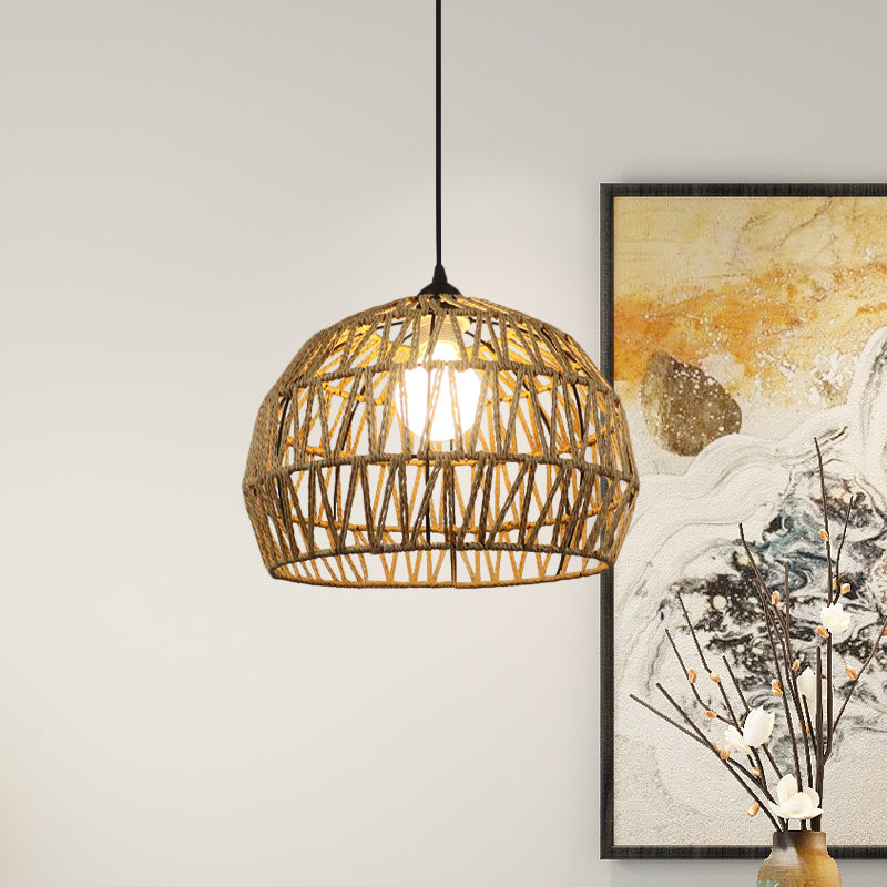 1/3-Bulb Corridor Hanging Light Fixture with Domed Rattan Shade Black/Beige Suspended Lamp