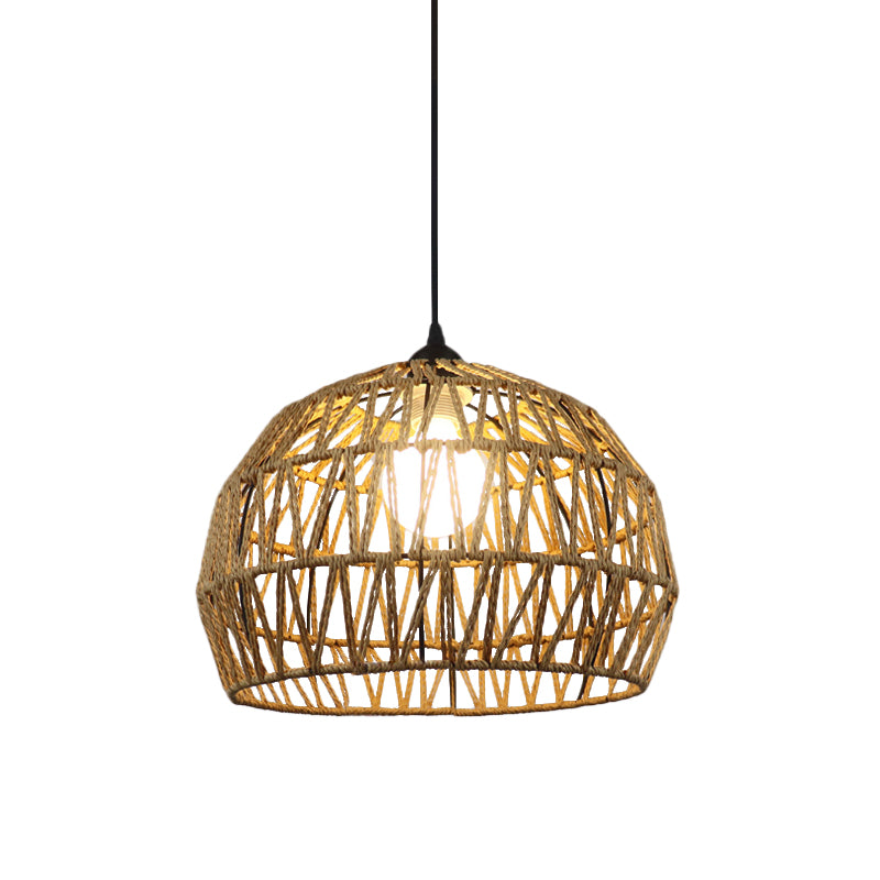 1/3-Bulb Corridor Hanging Light Fixture with Domed Rattan Shade Black/Beige Suspended Lamp