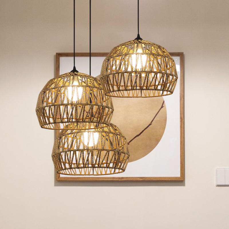 1/3-Bulb Corridor Hanging Light Fixture with Domed Rattan Shade Black/Beige Suspended Lamp